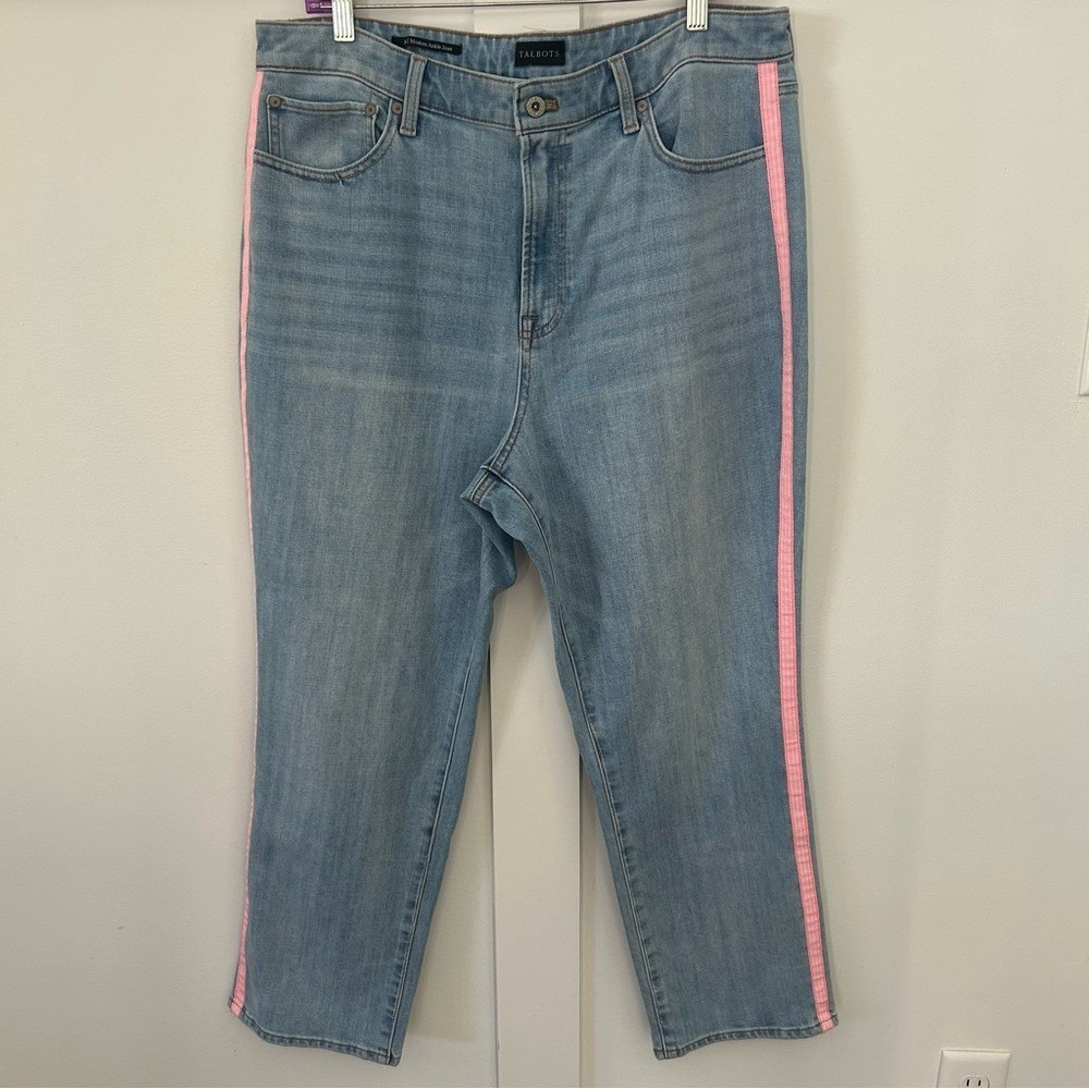 Talbots Modern Ankle Jeans Pink Ribbon Denim Colorful Embellished Size 16 - Picture 3 of 14
